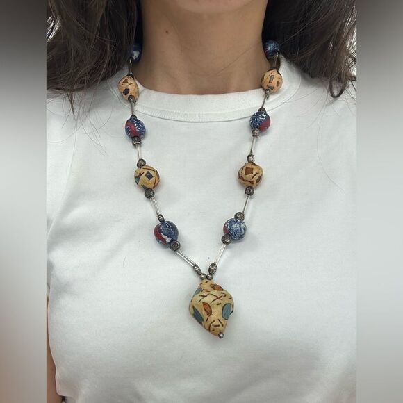 Vintage Handmade Statement Necklace Beaded Jewelry Chunky 24” - Picture 3 of 12